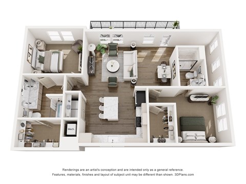 A 3D floor plan The De Tonti - 2-bed 2-bath with a spacious layout, large kitchen and island, dual walk-in closets